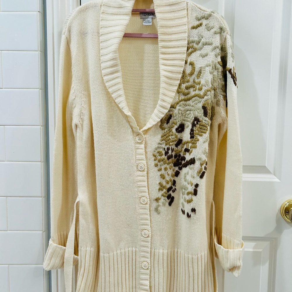 Vintage 90s Together Ivory Chunky Wool Bear Embroidered Cardigan Shawl Collar L - Picture 13 of 14